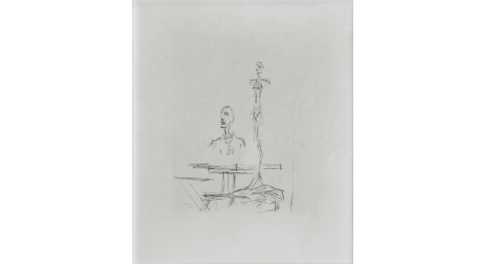 artist : Alberto Giacometti ( 1901-19696)
Etching titled “the Search” , 1965
From the later unsigned edition of 150, printed  by Société de Vérification de la Nouvelle Gravure and Collector's Guild.. 

Image Size:  approx.. 10 x 7 ¾  inches. Frame