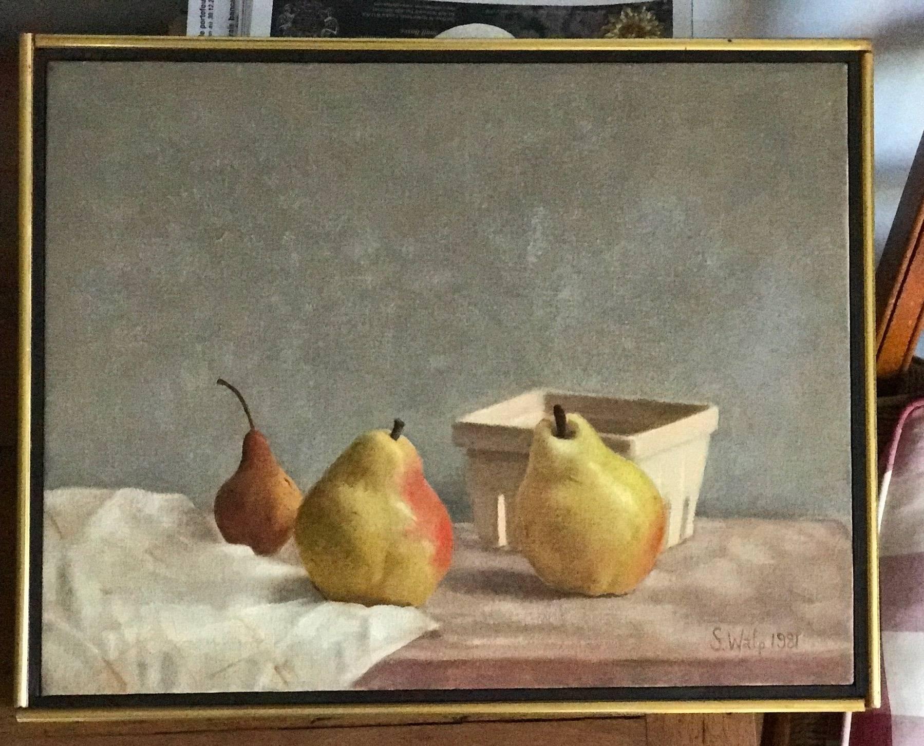 Pears on white cloth - Painting by Susan Walp