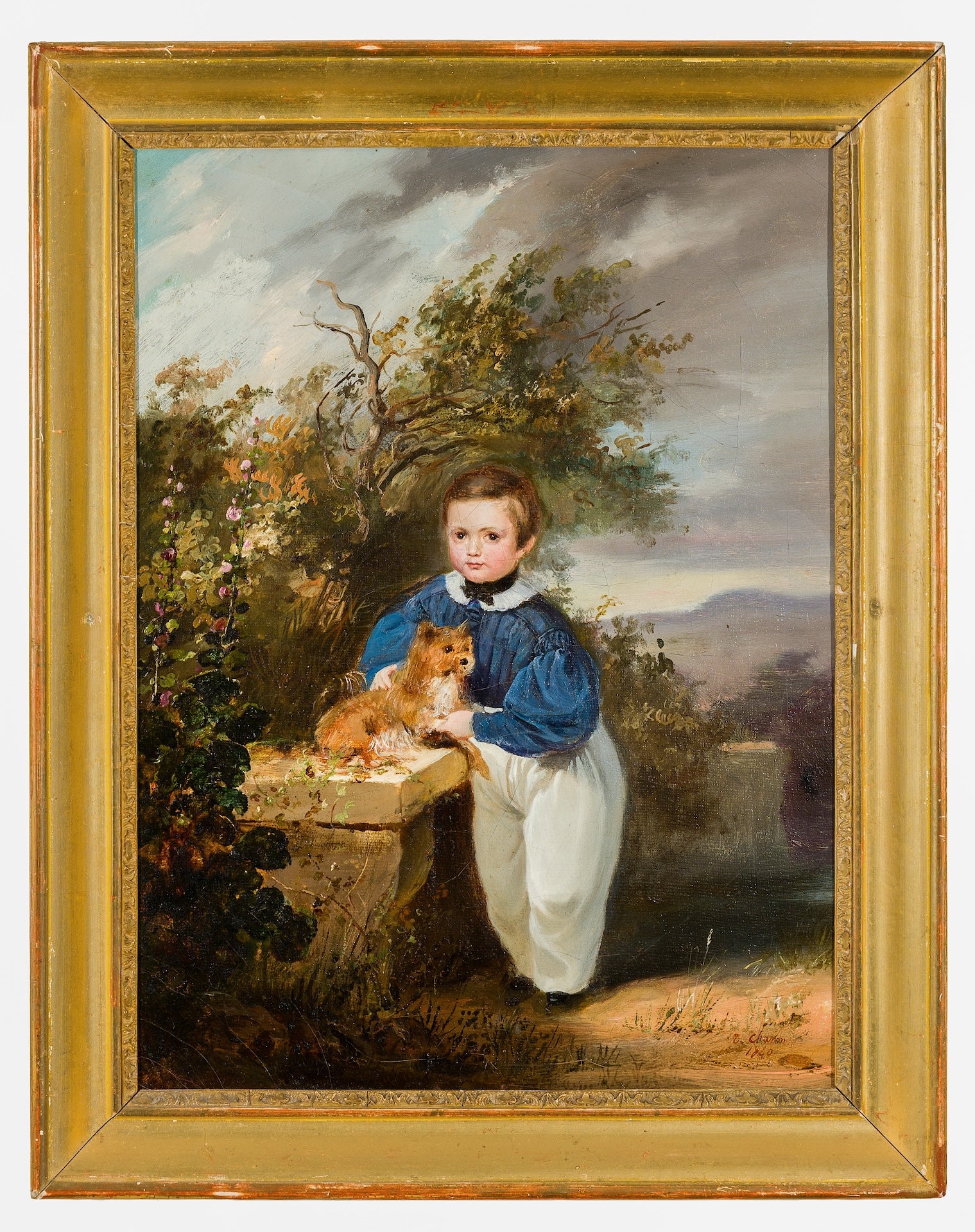 Benjamin Théophile CHARON-LÉMERILLON
 (Paris, 1807 – Bouzareah (Algiers), 1873)
 
 Full-length portrait of Jules Michel Simonet (1834-1881) as a child with his dog
 
 Oil on canvas
 Signed and dated lower right
 36 x 28 cm without frame
 1840
 
 Son