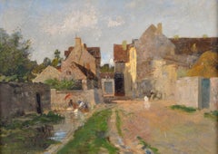 Washerwomen in a Landscape - 19th Century French Impressionist Antique Painting