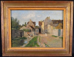 Lavandaie in un paesaggio - Dipinto antico impressionista francese del XIX secolo