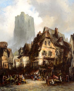 Mercado y catedral de Beauvais: gran cuadro antiguo británico que representa un paisaje francés