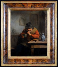 Smoking in an Interior - Antique Flemish Old Master Figurative Portrait Painting