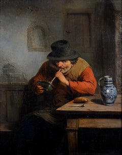 Smoking in an Interior - Antique Flemish Old Master Figurative Portrait Painting