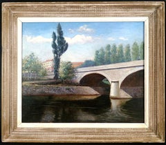 River Landscape - Early 20th Century French Naive Fishing Antique Oil Painting