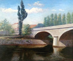 River Landscape - Early 20th Century French Naive Fishing Antique Oil Painting