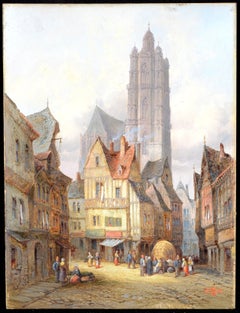 Rodez - Cuadro antiguo al óleo de un paisaje de una localidad francesa del sur del siglo XIX