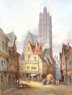 Rodez - Cuadro antiguo al óleo de un paisaje de una localidad francesa del sur del siglo XIX