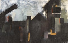 Abstract Landscape - Large Mid Century English Houses Atmospheric Oil Painting