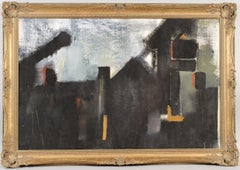 Abstract Landscape - Large Mid Century English Houses Atmospheric Oil Painting