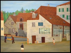 Hotel des Artistes - Huge Mid 20th Century French Naive Landscape Oil Painting