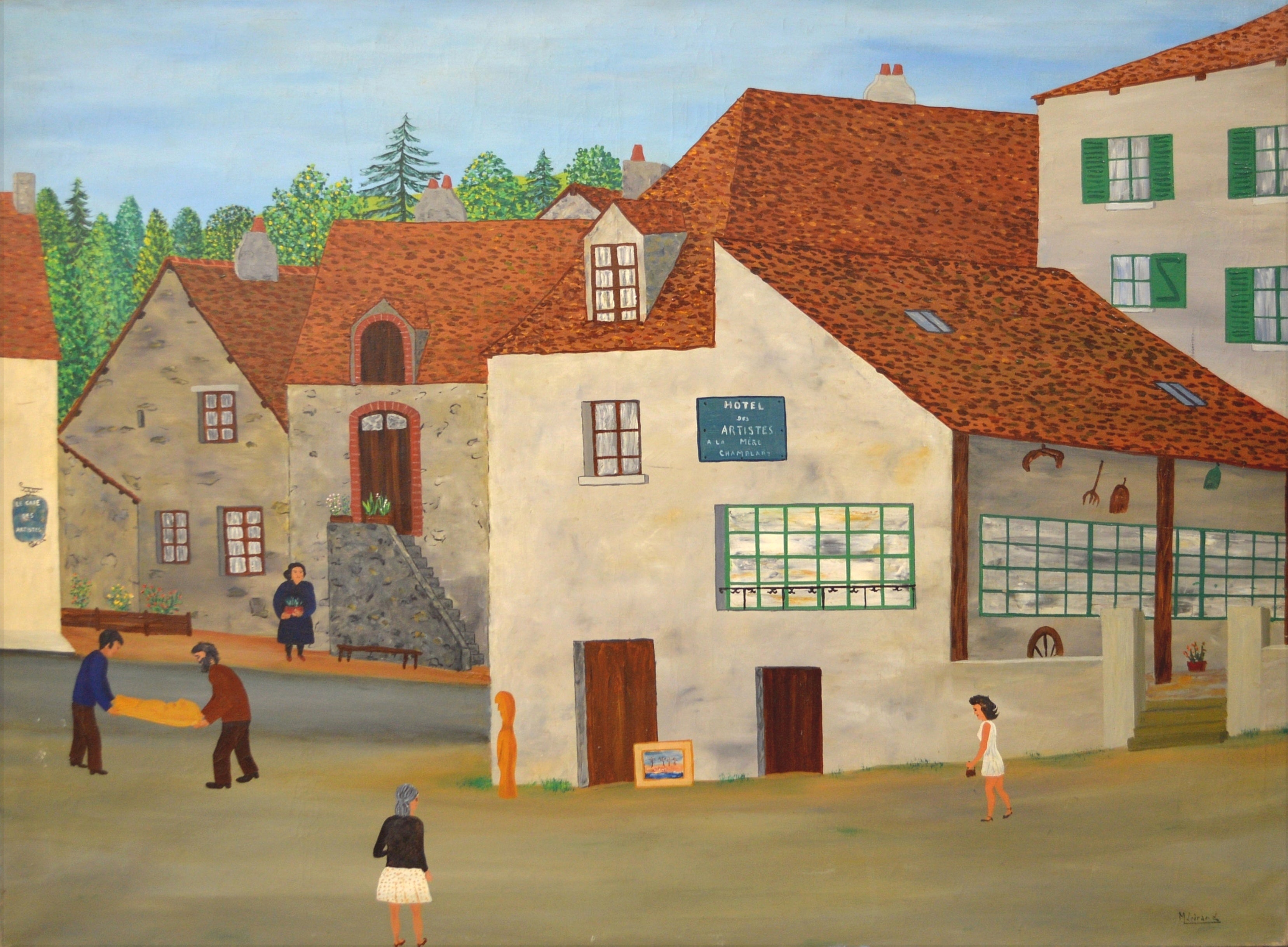 Maurice Loirand Landscape Painting - Hotel des Artistes - Huge Mid 20th Century French Naive Landscape Oil Painting