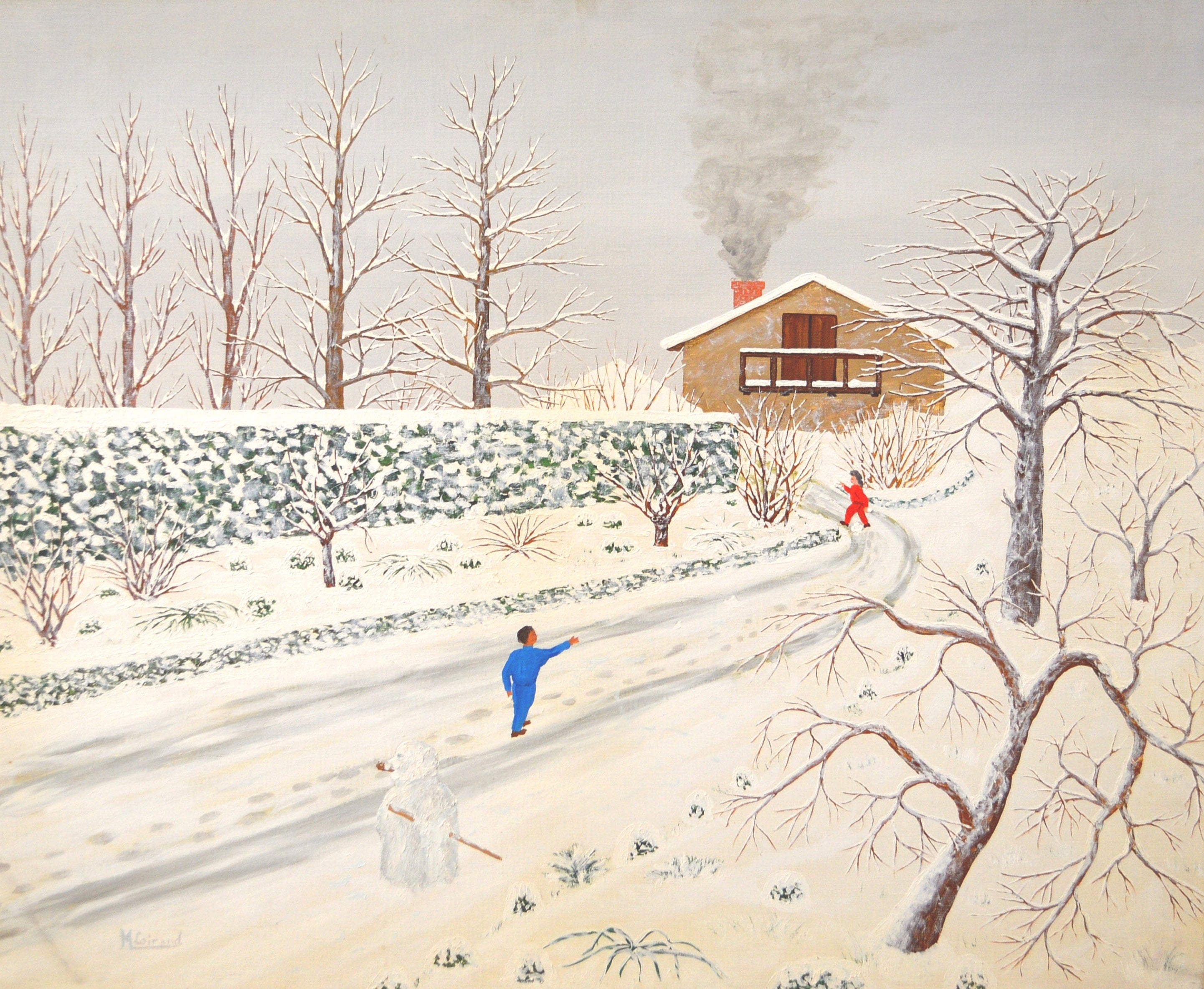 Maurice Loirand Landscape Painting - Bonhomme de Neige - Large Mid Century French Winter Landscape Snowman Painting