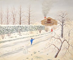 Bonhomme de neige - Grande peinture française du milieu du siècle représentant un bonhomme de neige dans un paysage hivernal