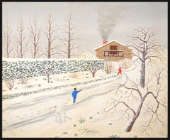 Bonhomme de Neige - Large Mid Century French Winter Landscape Snowman Painting
