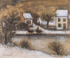 Horse & Carriage - Mid 20th Century French Naive Winter Landscape Painting