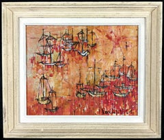 Boats on the Sea - Mid 20th Century French Abstract Oil on Canvas Painting