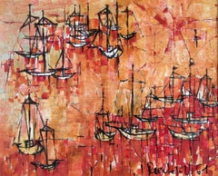 Boats on the Sea - Mid 20th Century French Abstract Oil on Canvas Painting