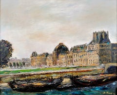 Le Louvre - Large 20th Century French Paris Museum River Seine Oil Painting