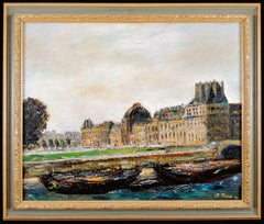 Le Louvre - Large 20th Century French Paris Museum River Seine Oil Painting