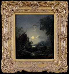 Moonlit River Landscape - Early 19th Century Antique British Oil Painting