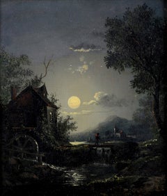 Moonlit River Landscape - Early 19th Century Antique British Oil Painting