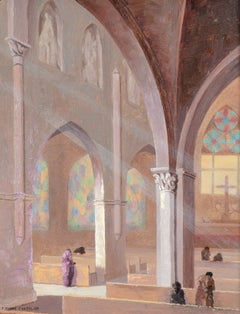 Church Interior - Mid 20th Century French Impressionist Oil on Board Painting