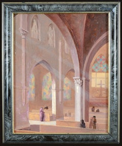 Church Interior - Mid 20th Century French Impressionist Oil on Board Painting