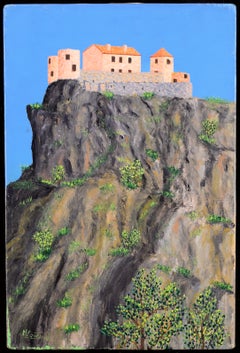 Clifftop Castle - Mid 20th Century Naive French Landscape Oil on Canvas Painting