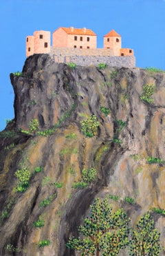 Clifftop Castle - Mid 20th Century Naive French Landscape Oil on Canvas Painting