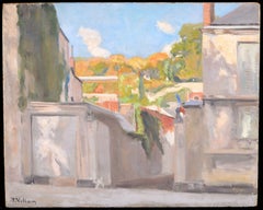French Street - Dipinto a olio in stile impressionista francese della metà del secolo scorso, raffigurante una bandiera con luci sfocate