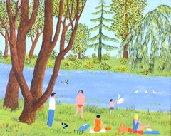 Au Bord du Lac - Mid 20th Century French Naive Figures Lake Landscape Painting