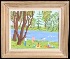 Au Bord du Lac - Dipinto francese di metà del XX secolo con figure naif e paesaggio lacustre