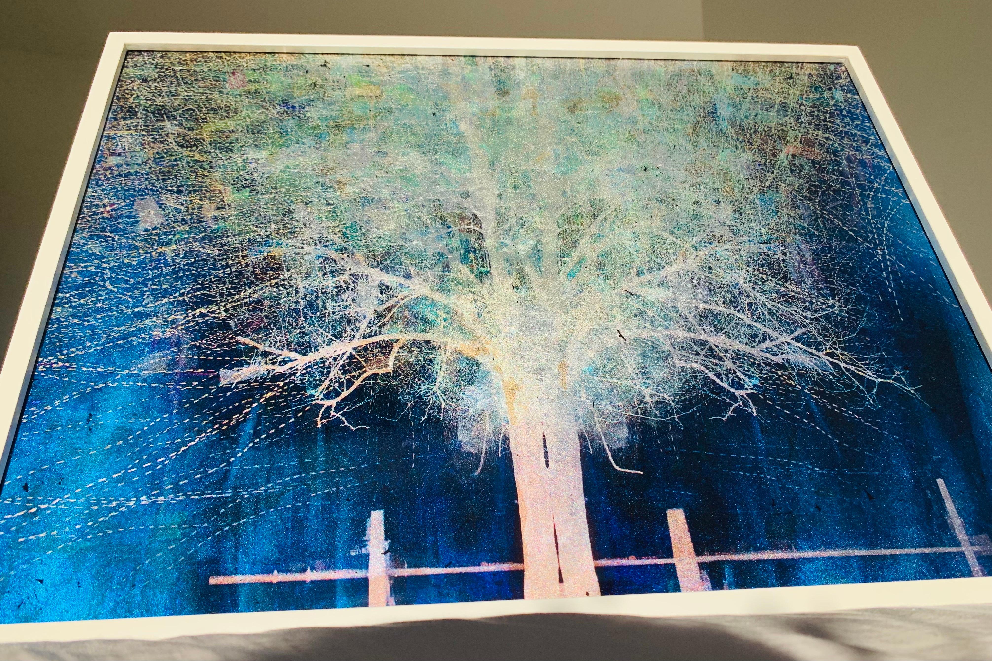 Blue Moon Rising Tree Print on Glass with White Gold leaf in white frame frame For Sale 10