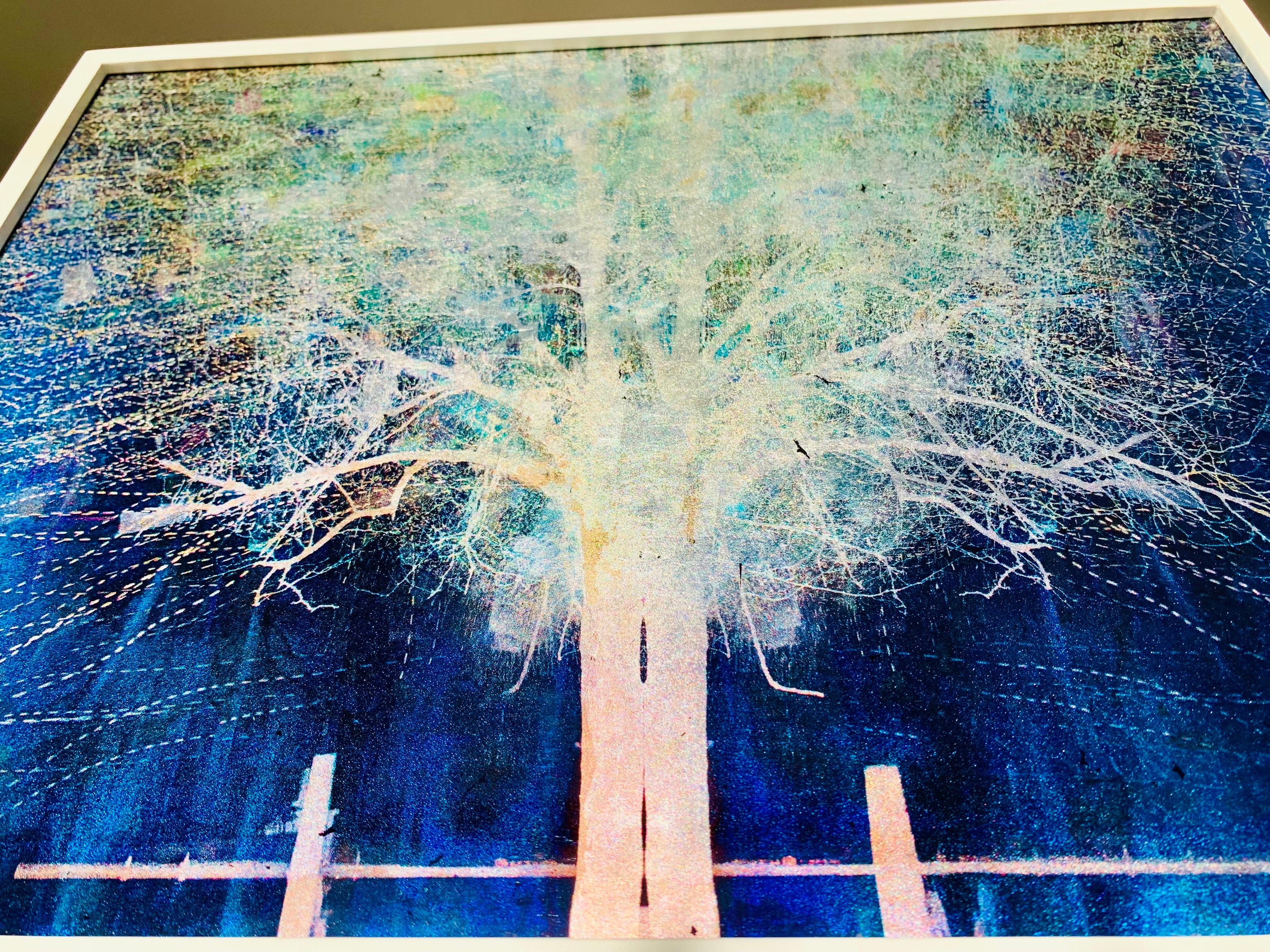 Blue Moon Rising Tree Print on Glass with White Gold leaf in white frame frame For Sale 11