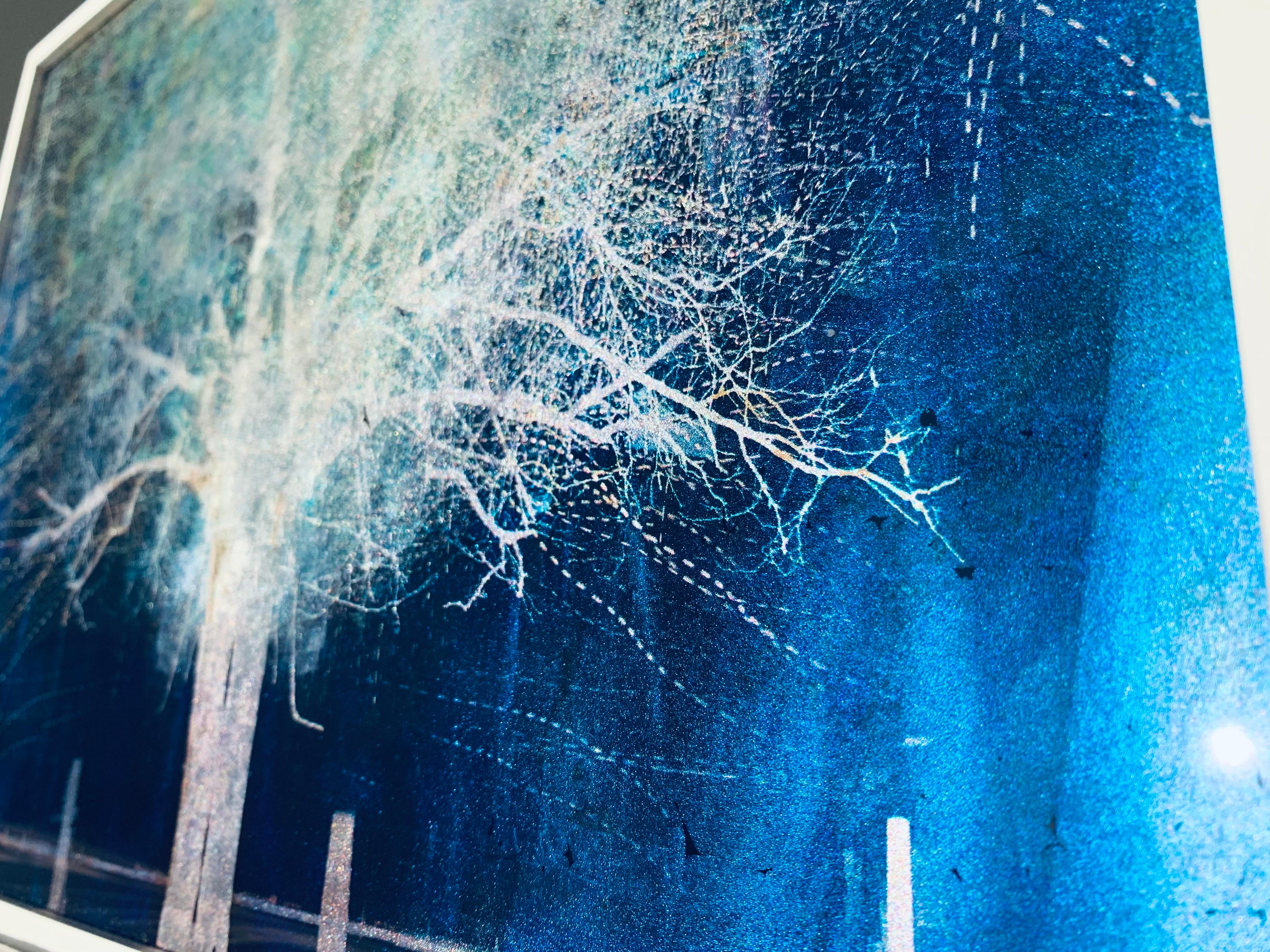 Blue Moon Rising Tree Print on Glass with White Gold leaf in white frame frame For Sale 12