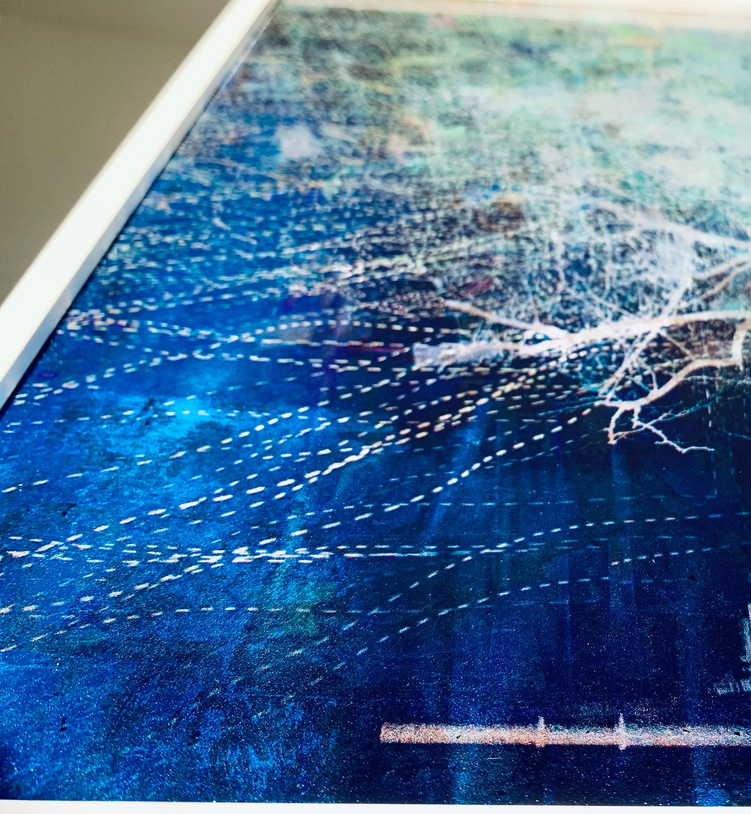 Blue Moon Rising Tree Print on Glass with White Gold leaf in white frame frame - Contemporary Photograph by Valda Bailey