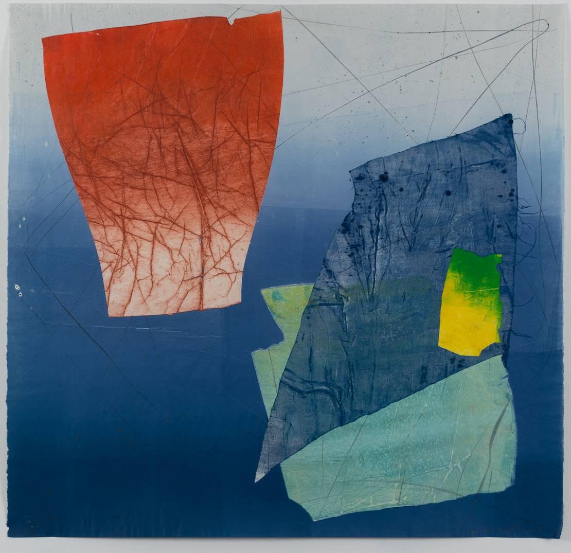 David Collins Abstract Print - Silk and Stone Three, Medium Square Abstract Geometric Blue Yellow Red Print
