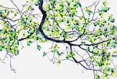 Bough Dip, Large Horizontal Botanical Painting on Mylar with Bright Green Leaves