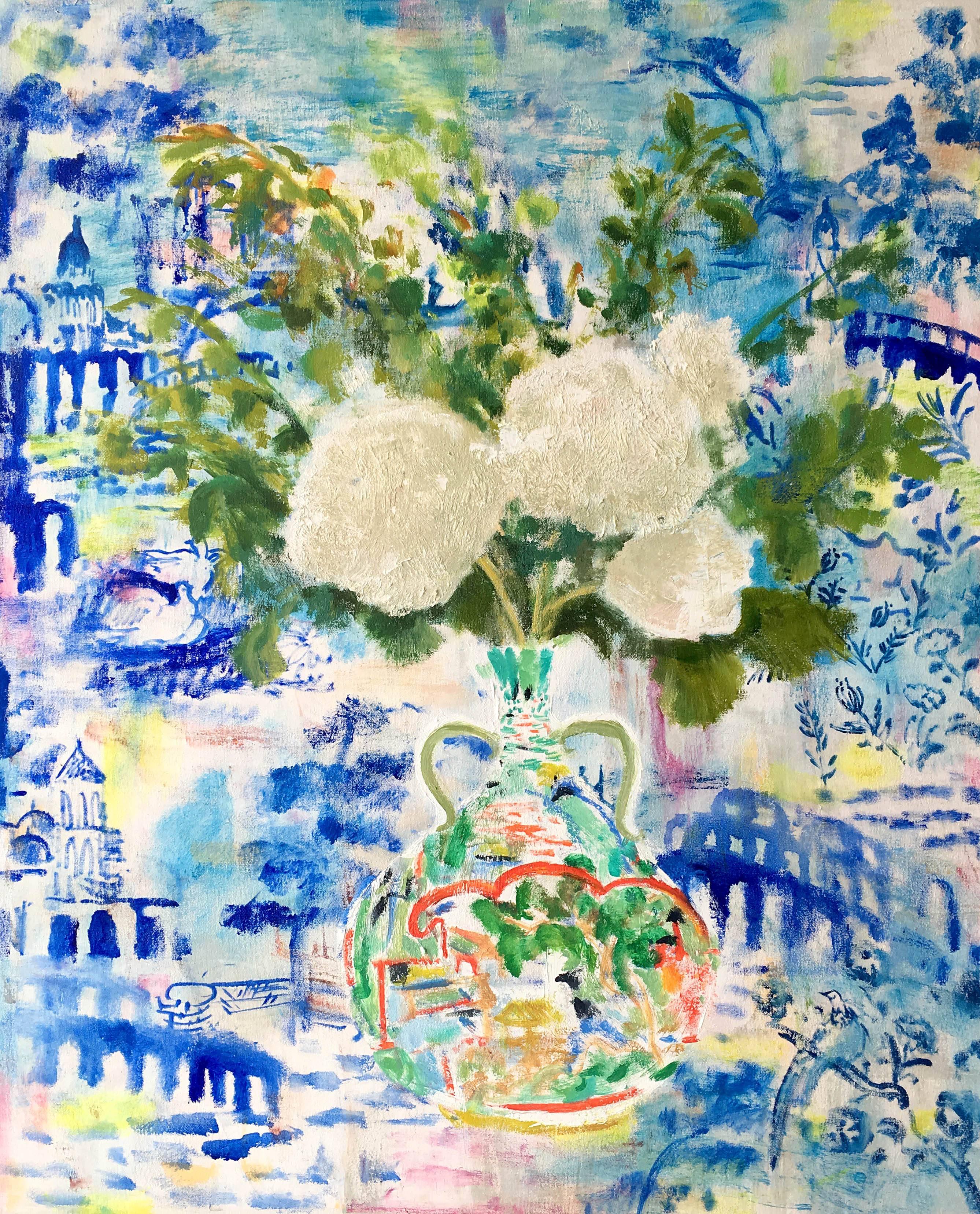 Melanie Parke Still-Life Painting - Viburnum Ming, White Flowers with Green Leaves, Multicolor Vase, Blue Wallpaper