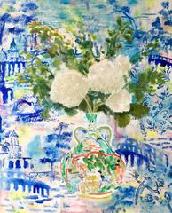 Viburnum Ming, White Flowers with Green Leaves, Multicolor Vase, Blue Wallpaper