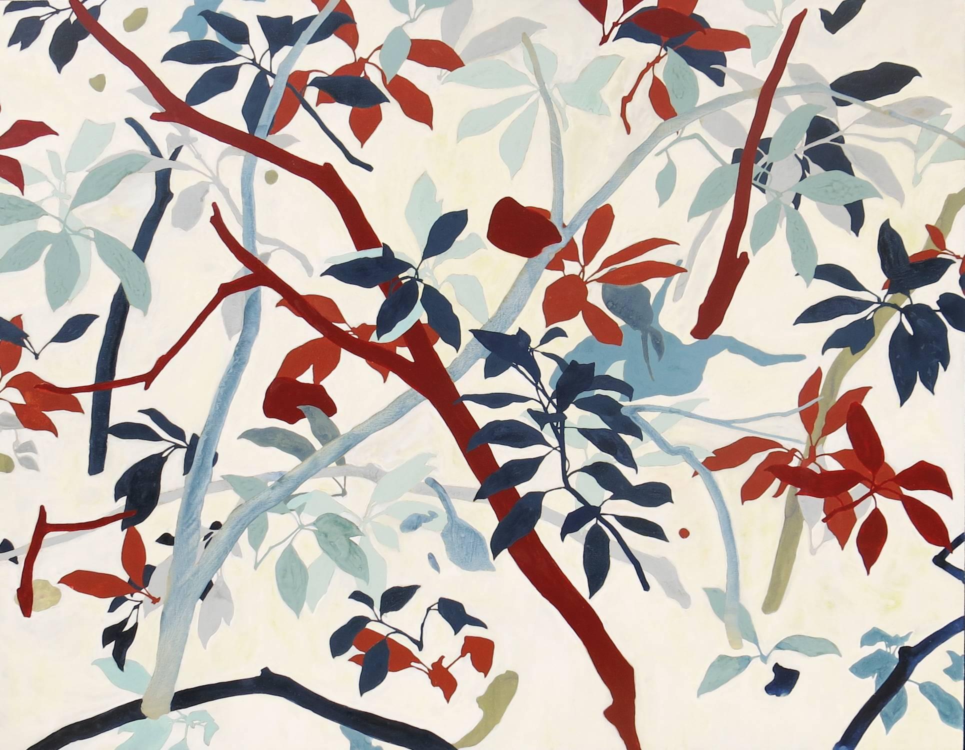 Abstract Painting Waddy Armstrong - Sans titre #A0649:: peinture de silhouettes botaniques en rouge et nuances de bleu
