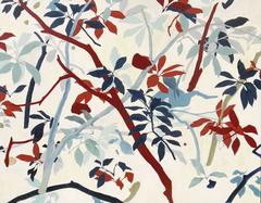 Untitled #A0649, Botanical Silhouette Painting in Red and Shades of Blue