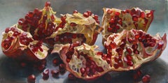 Granatäpfel liegend, Stillleben Ölgemälde, roter Granatapfel grauer Hintergrund