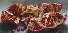 Pomegranates Reclining:: nature morte en peinture à l’huile:: grenades rouges fond gris