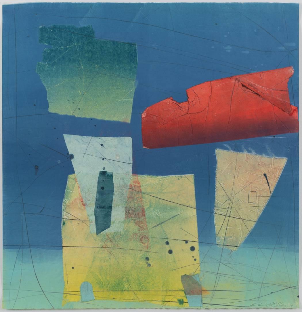 David Collins Abstract Print - Silk and Stone VII, Medium Square Abstract Geometric Blue Yellow Red Print