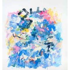With a Little Luck, Large Abstract Oil Painting in Bright Blue and Pale Pink 8