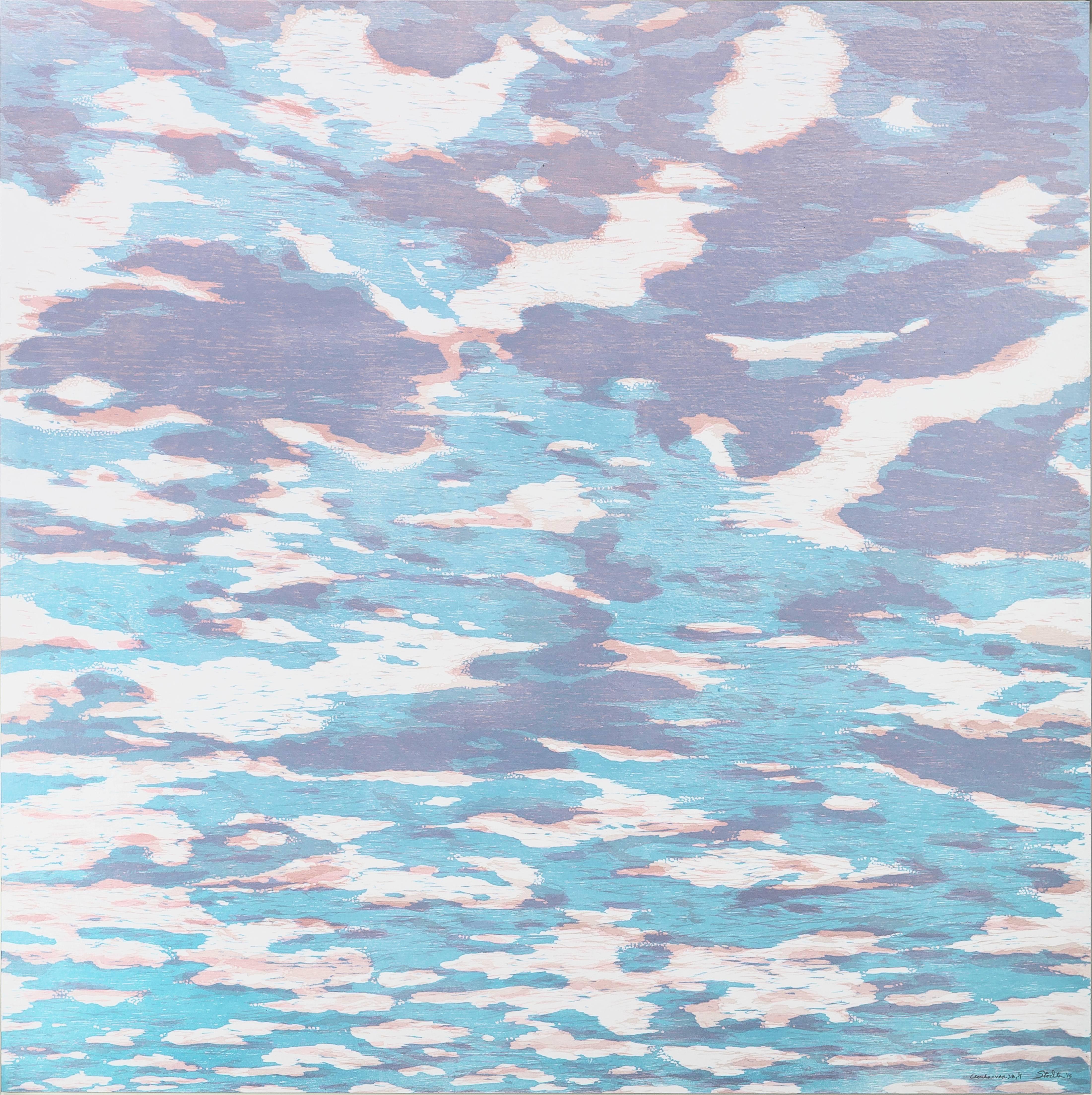 Clouds Forty, Woodcut Print with Pale Blue Sky, Lavender and White Clouds