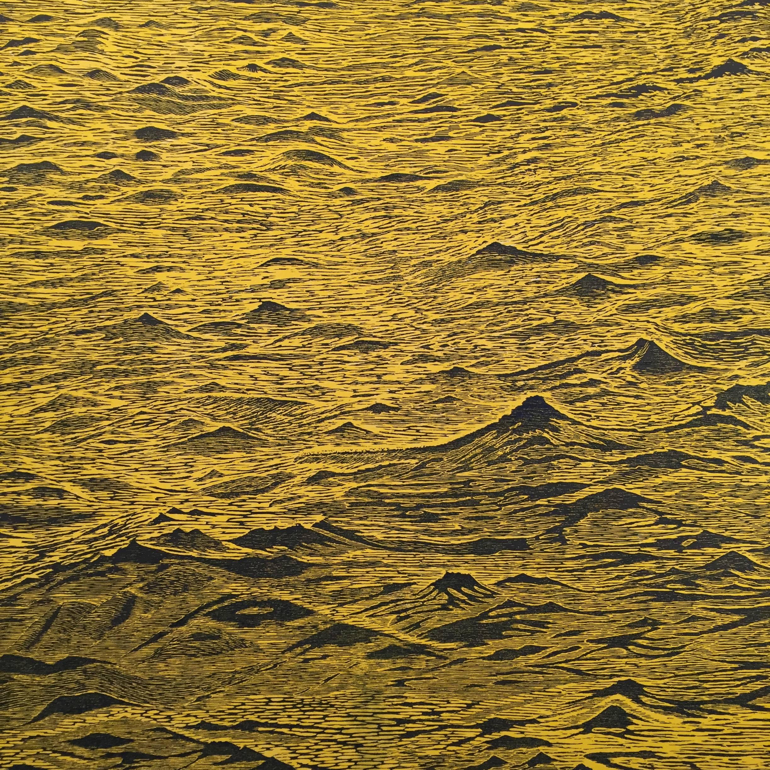 Eve Stockton Abstract Print - Seascape Variation Nine, Ocean Waves Woodcut in Bright Yellow and Navy Blue
