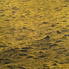 Seascape Variation Nine, Ocean Waves Woodcut in Bright Yellow and Navy Blue